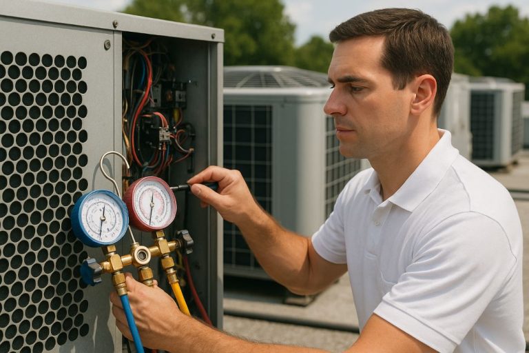 HVAC engineer using manifold gauges to check refrigerant levels.