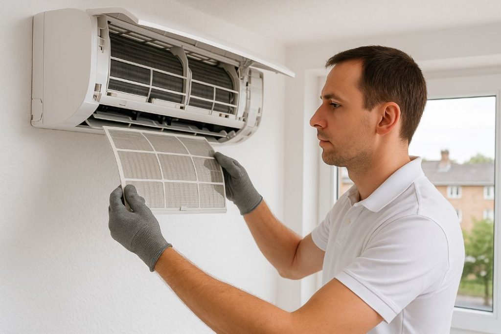 Male technician cleaning filter on wall-mounted split AC unit.