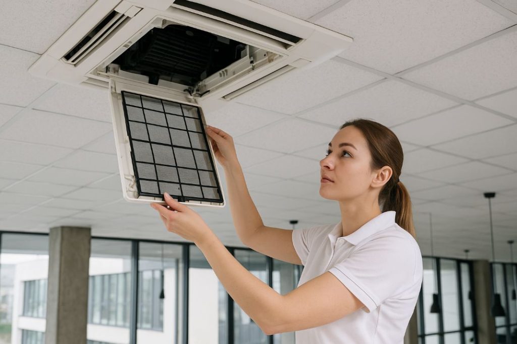 Removing clogged air filter from ducted ceiling AC system.