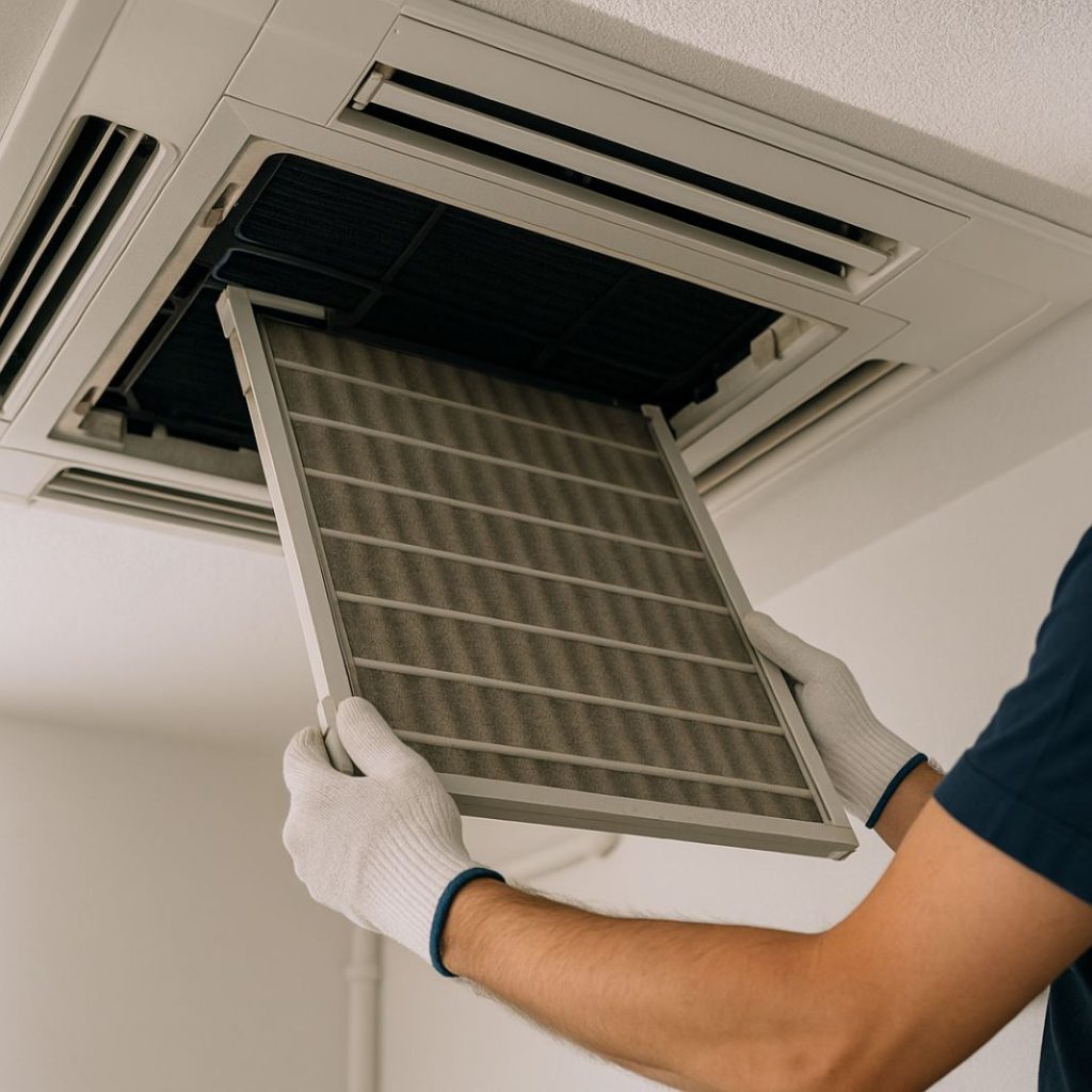 Technician removing filter from cassette-style commercial AC unit.