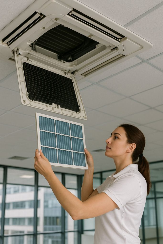 Technician servicing a ceiling cassette AC unit, removing air filter.