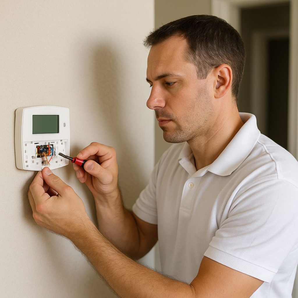 A photo of a technician repairing a thermostatic controller in a home (2)