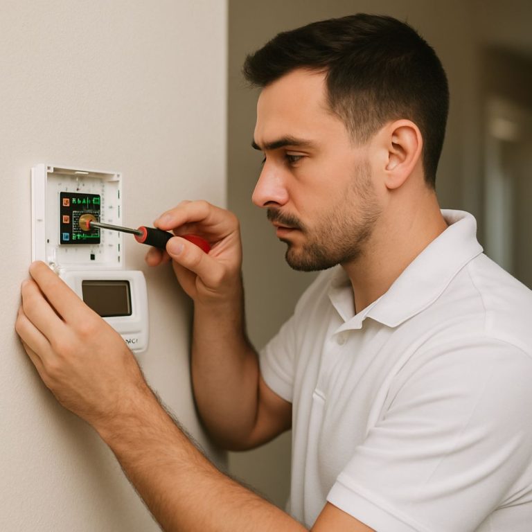 A photo of a technician repairing a thermostatic controller in a home