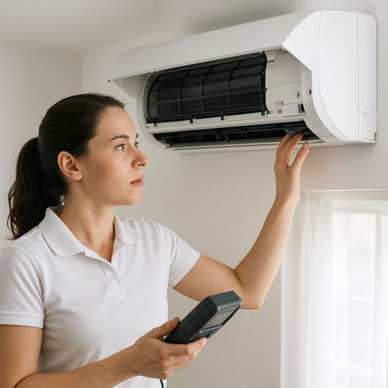 a photo of an hvac technicial Fixing a noisy ac unit - diagnosis (2)