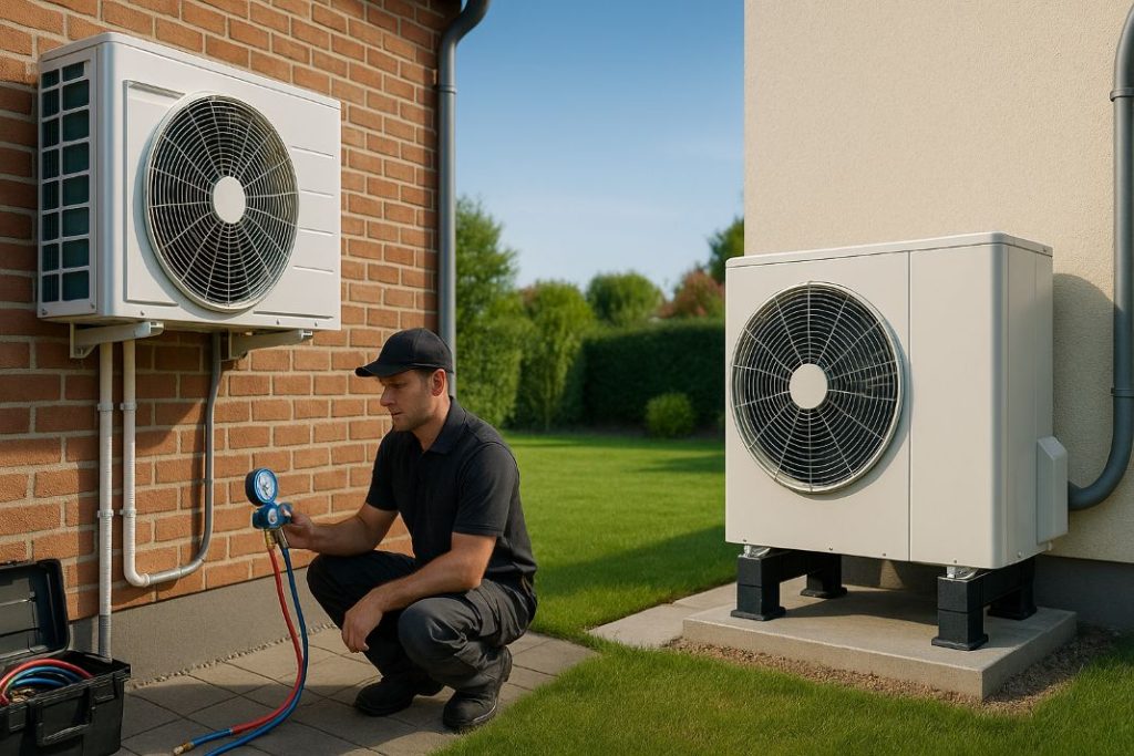 an ai image of a heat pump and air con units used by professional fitters