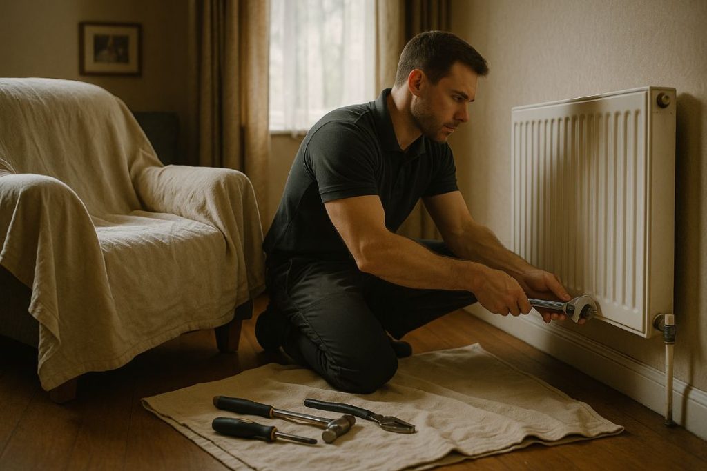 an ai image of a professional uninstalling a radiator