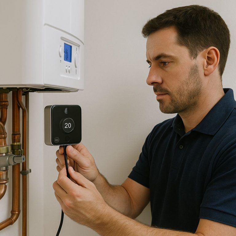 An AI photo of engineer connecting Hive control to boiler