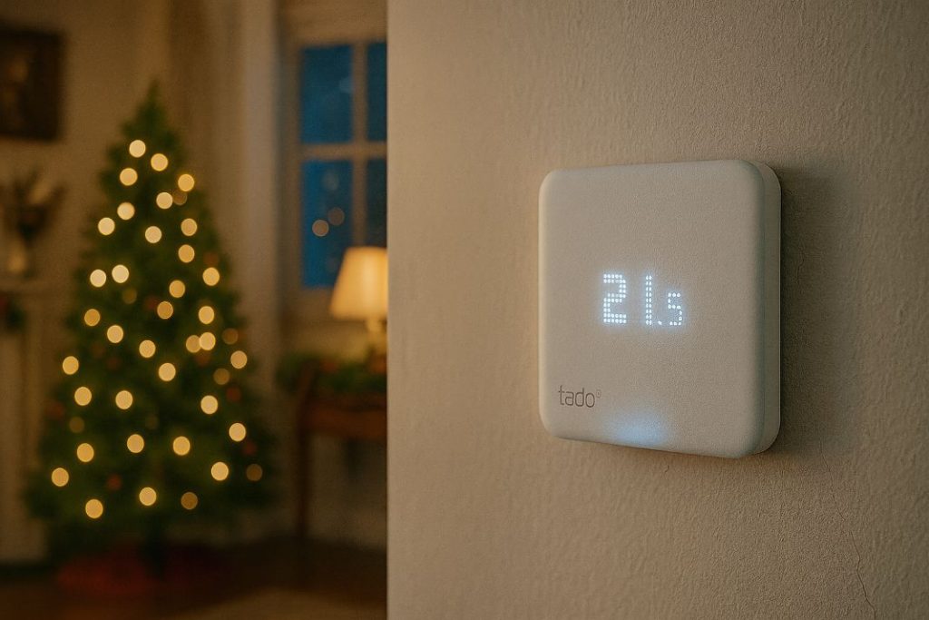 an AI image of a tado smart thermostate with a Christmassy background