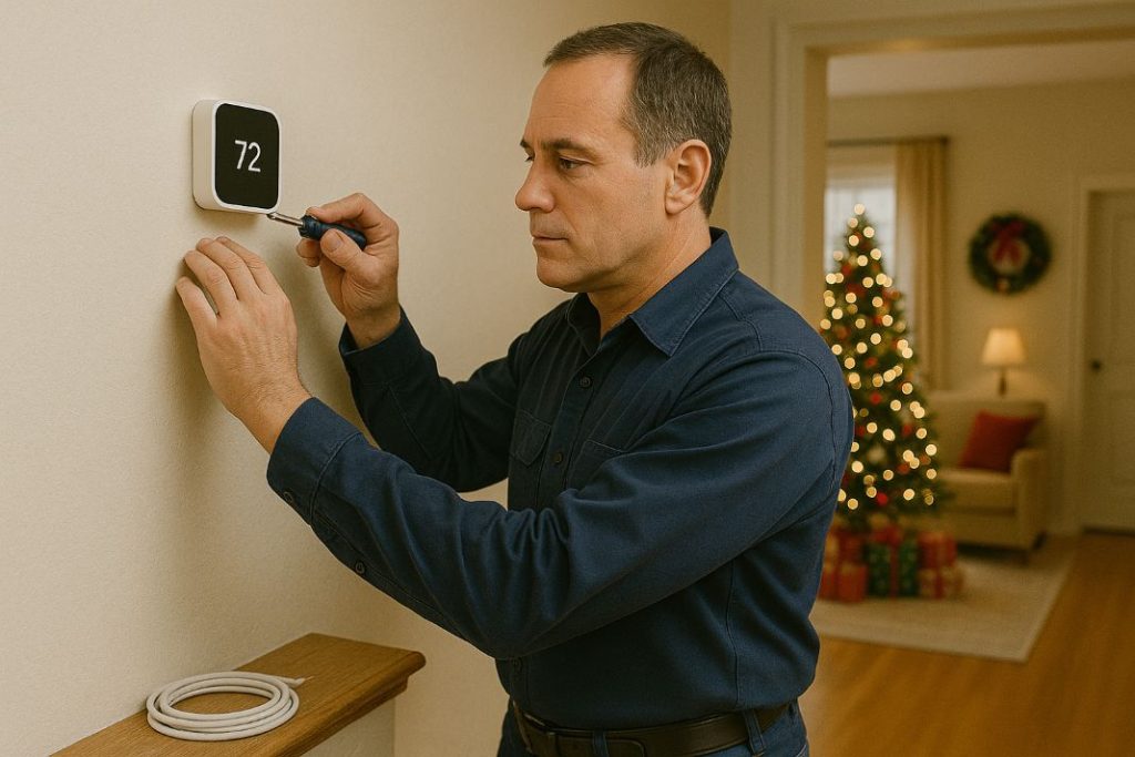 an ai image of a smart thermostat being installed in a Christmassy home