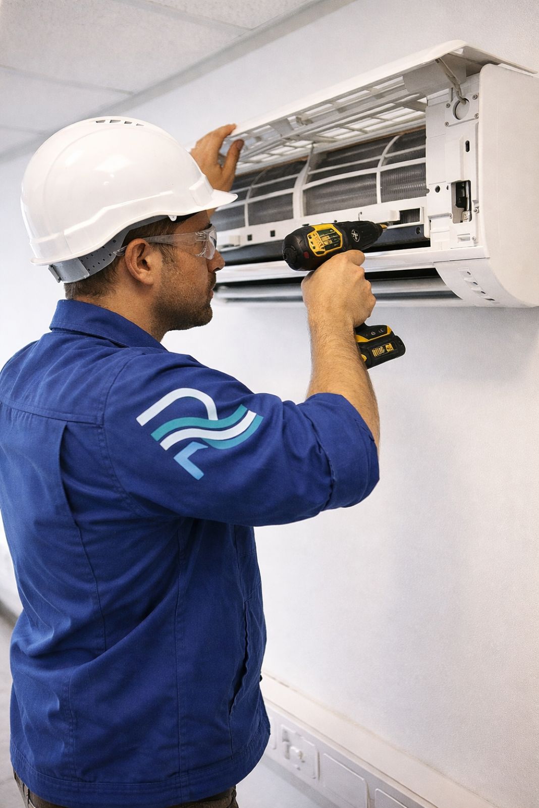 RightAir technician servicing an air conditioning unit in London