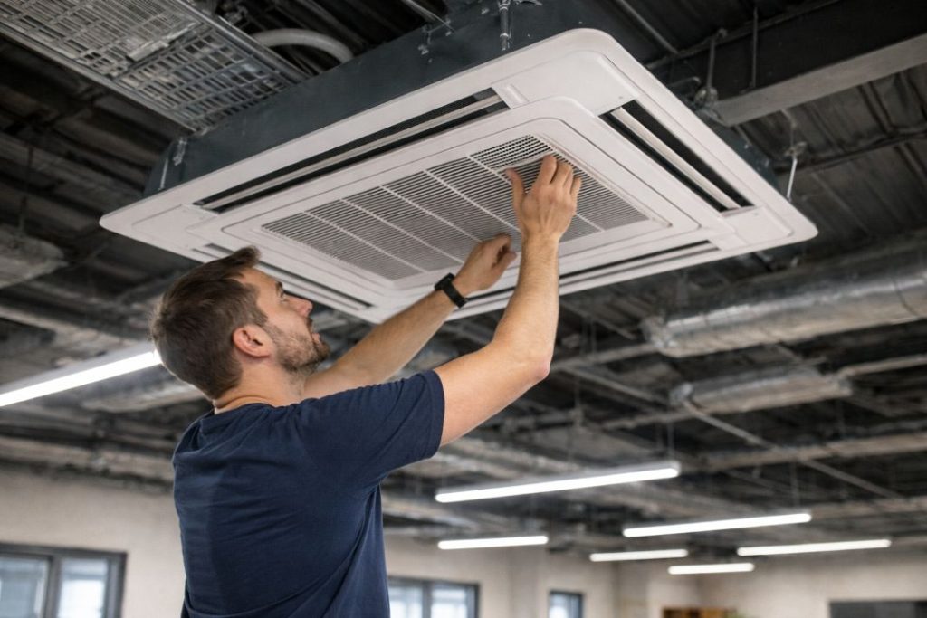 AI image of technician installing ceiling air conditioner
