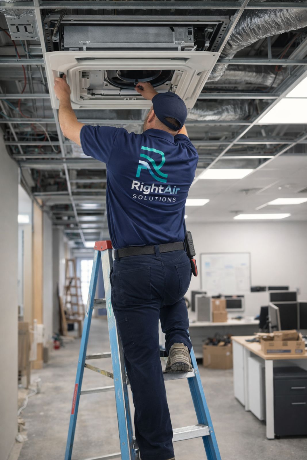 RightAir engineer repairing an air conditioning unit in a London office