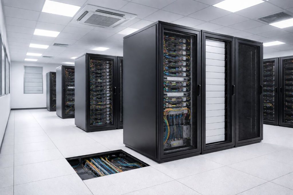 AI photo of modern server room with neatly organised racks