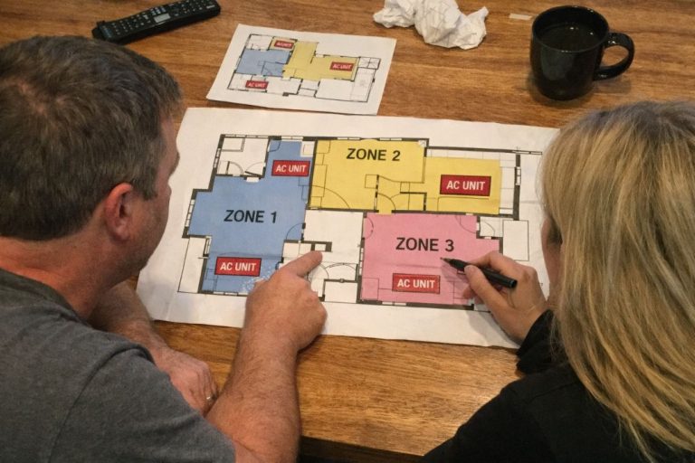 an illustrative image of 2 people looking at floor plans for AC zoning