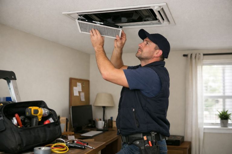 an illustrative image of a professional air con installer servicing a ceiling mounted duct