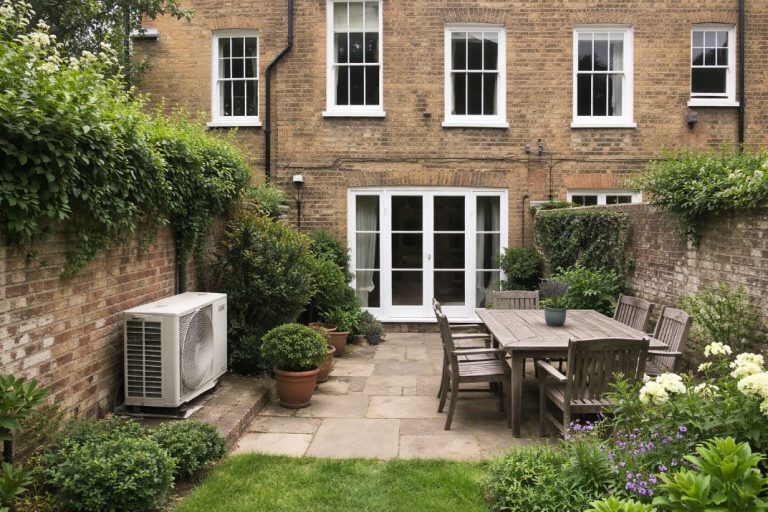 an illustrative image of a rear garden of Georgian terrace with an external condenser unit