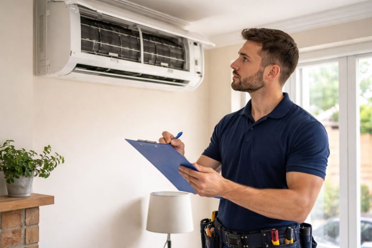 an illustrative image of a technician checking a unit and making notes