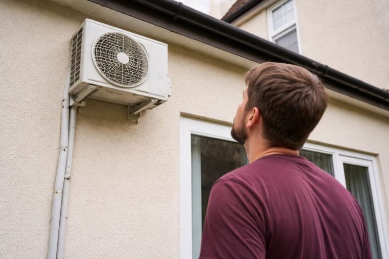 an illustrative image of a tenant looking at an outdoor condenser unit