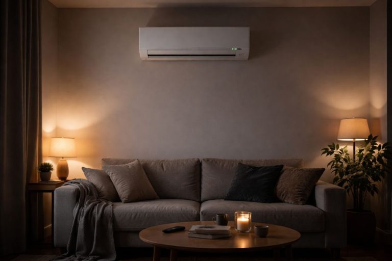 an illustrative photo of a living room with a large mounted air con unit about a sofa