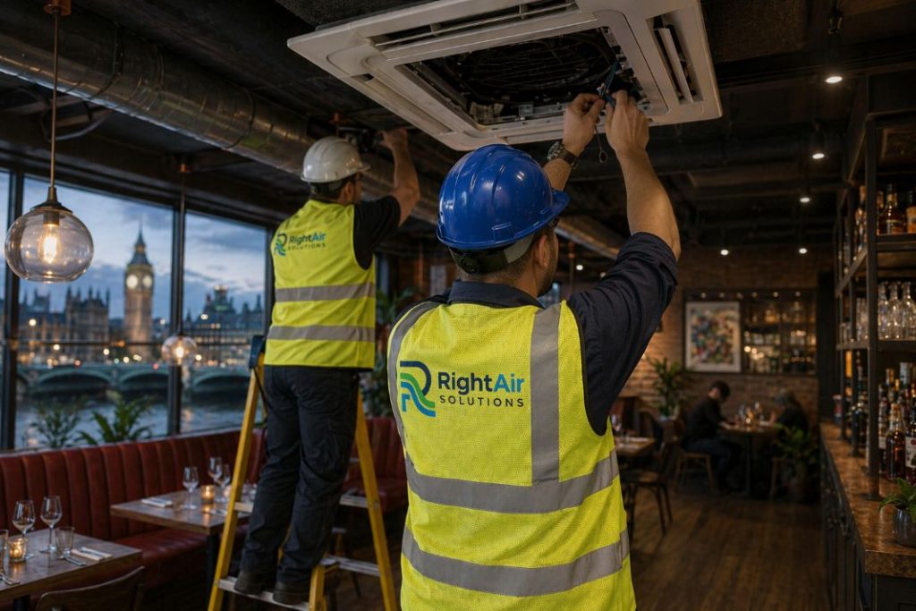 A photo of HVAC technicians at work in restaurant
