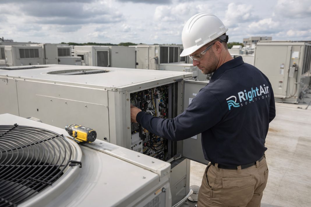 AI image of HVAC technician servicing rooftop units