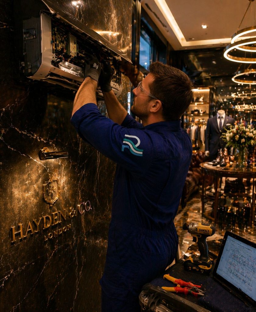 AI image of technician servicing HVAC in boutique showroom