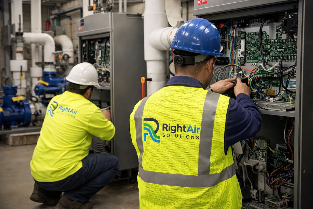 AI image of technicians servicing industrial heating units