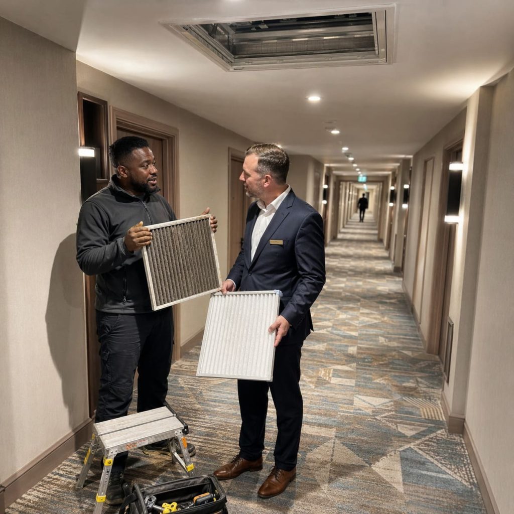 Filter Cleaning and Replacement Handover in Hotel Corridor - Illustrative Image