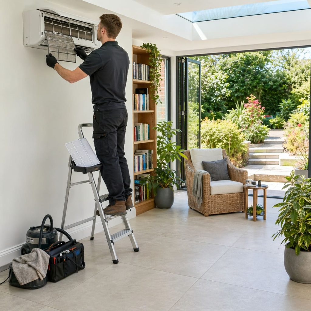 Filter Cleaning and Replacement in Modern Garden Room - Illustrative Image