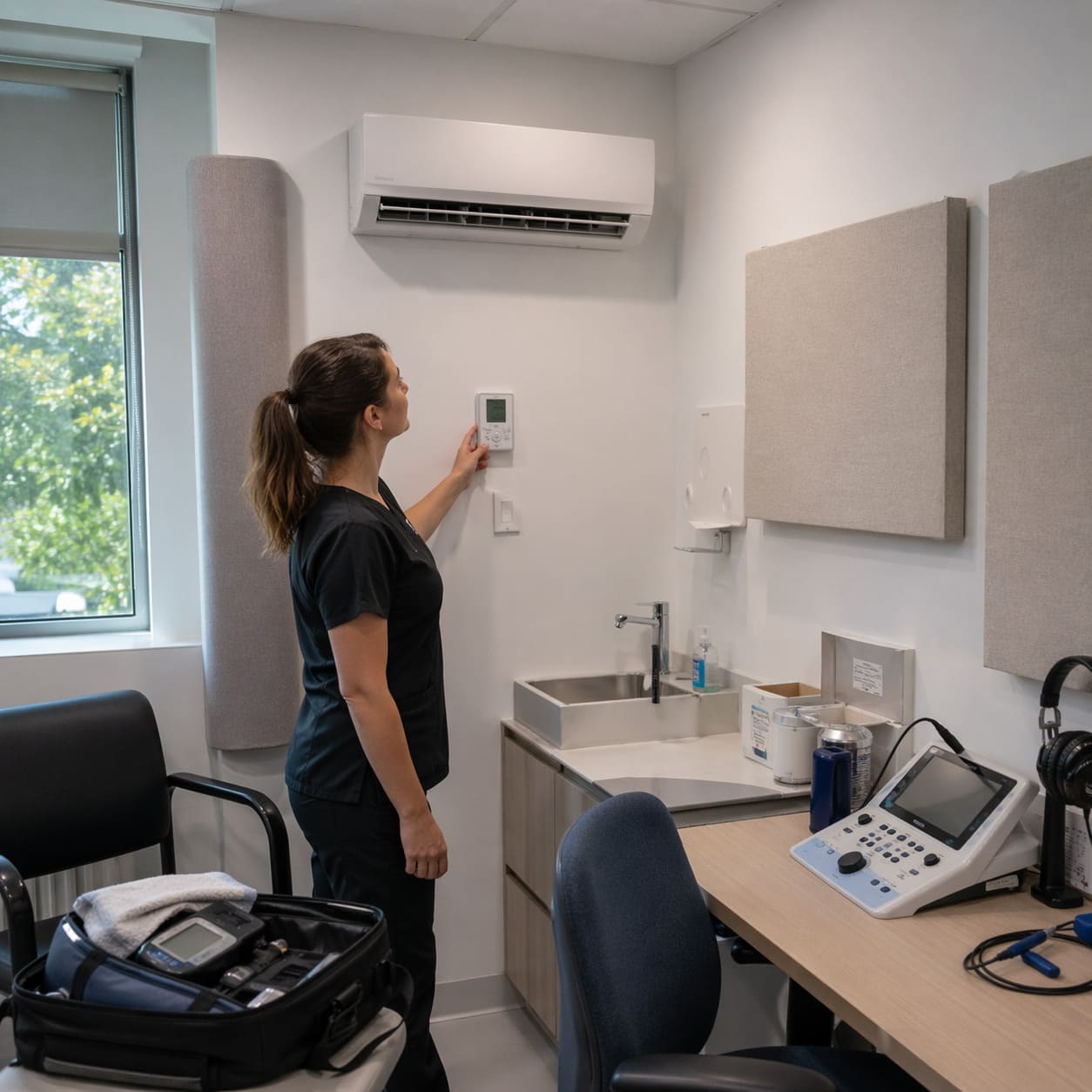 Healthcare Clinical Cooling Control Check in Audiology Room, finished indoor unit visible - Illustrative Image