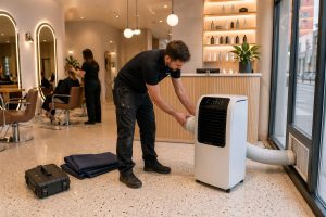 High-End Portable AC Setup in Premium Salon, reception-side cooling unit - Illustrative Image