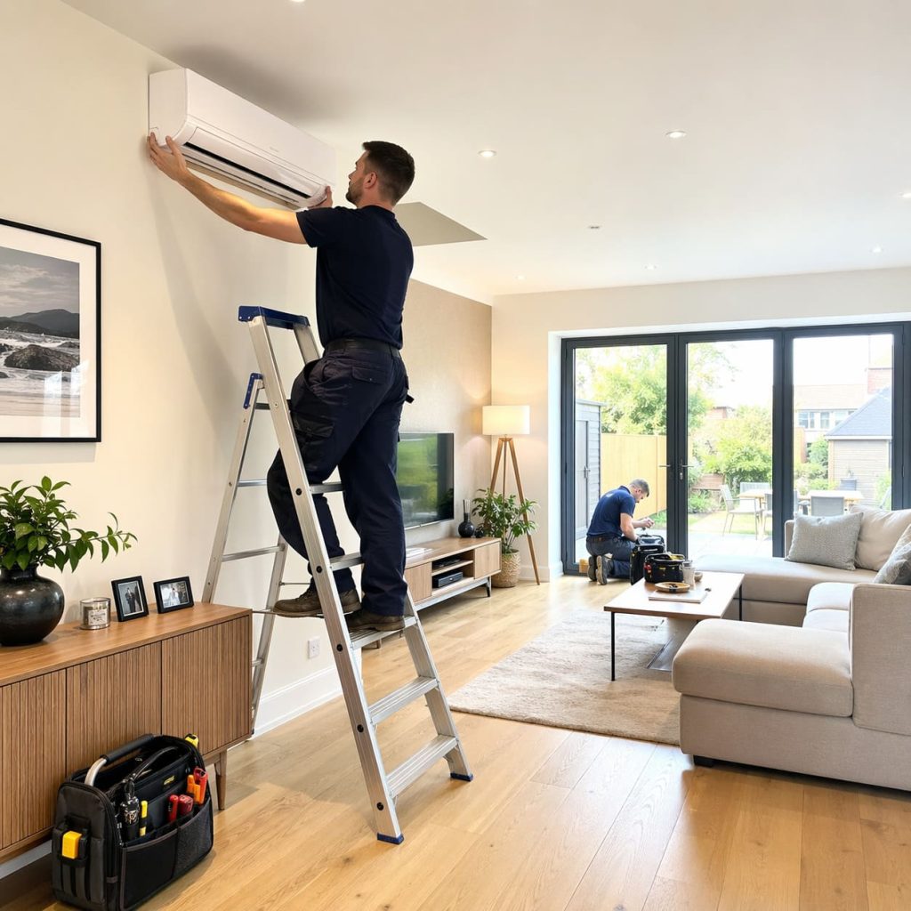 Residential Air Conditioning Installation in Open-Plan Living Room - Illustrative Image