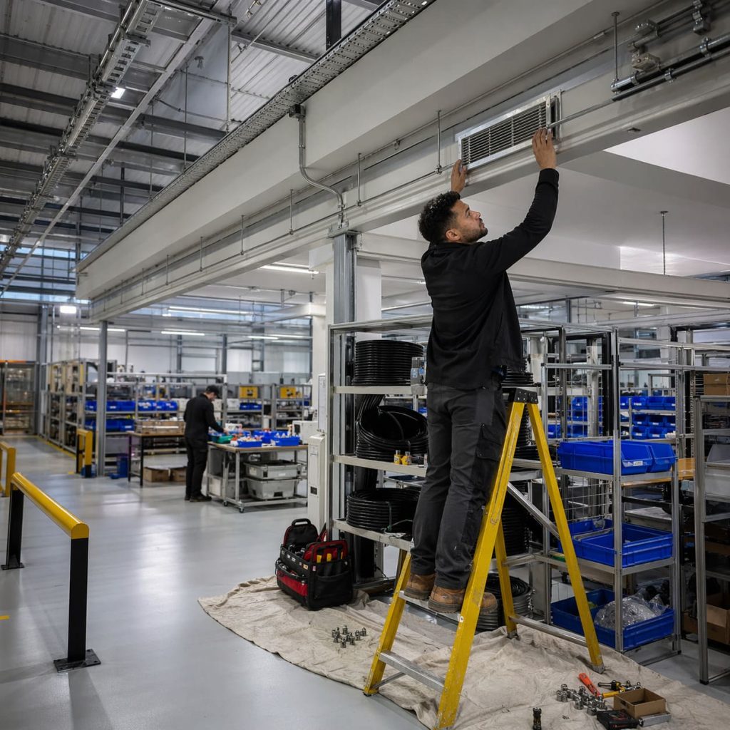 Warehouse Industrial AC Bulkhead Grille Installation in Assembly Warehouse - Illustrative Image