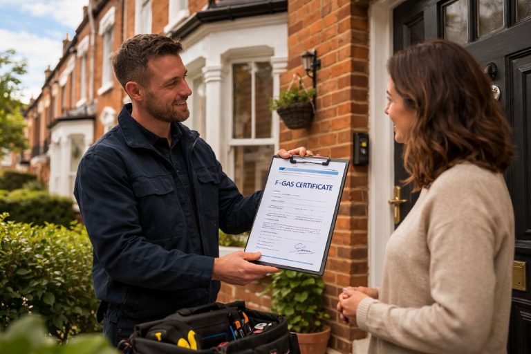 an illustrative image of a a technician showing an F-Gas certificate to a homeowner outside a red-brick London building