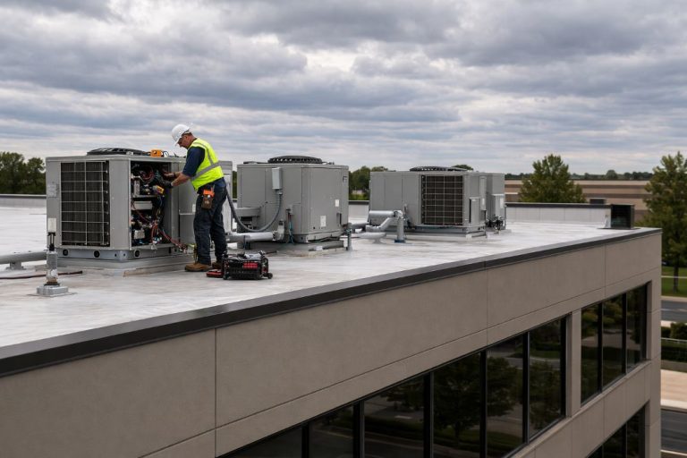 an illustrative image of a commercial office building with a technician servicing roof-mounted air conditioning units