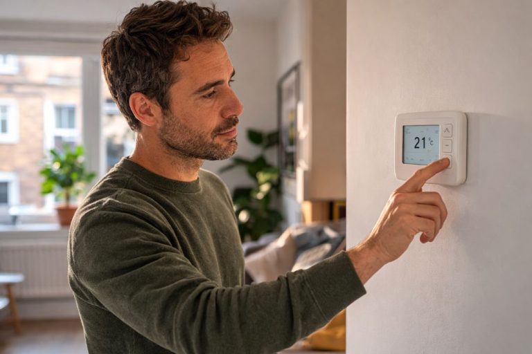 an illustrative image of a homeowner inspecting a wall-mounted thermostat in a London flat, checking the mode and temperature settings