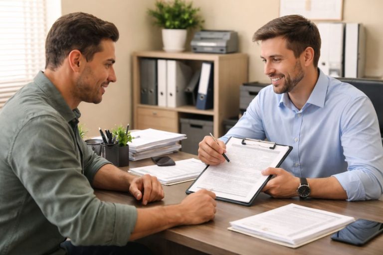 an illustrative image of a meeting between a property manager and building tenant inside a modest office, going over service contracts