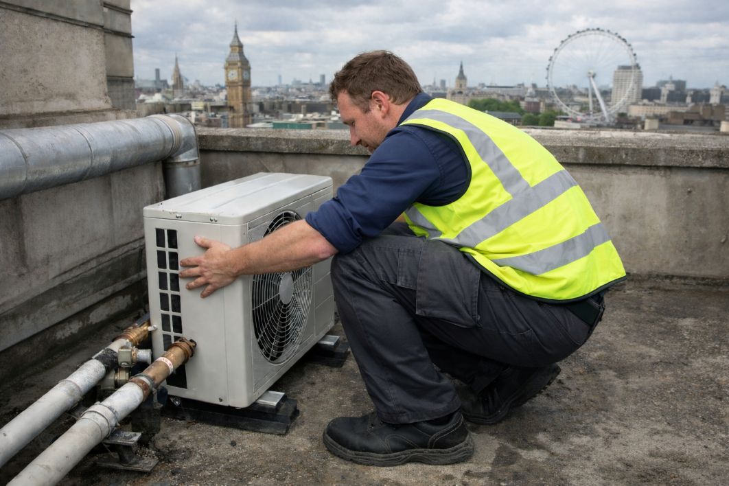 RightAir installer positioning an outdoor air conditioning unit on a central London rooftop