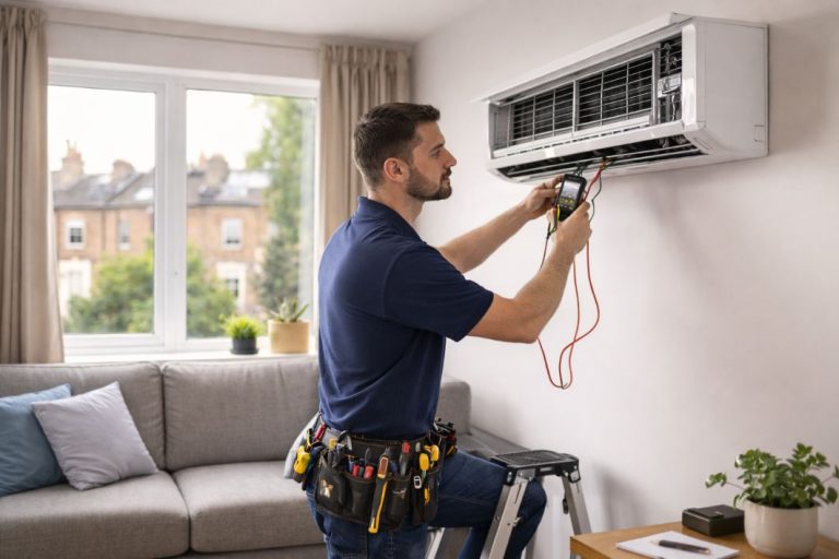 an illustrative image of a technician inspecting an air conditioning unit inside a small London flat