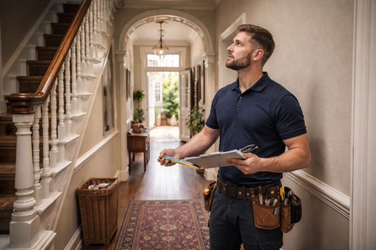 an illustrative image of an AC installer assessing a hallway in a Victorian terraced home in London with a tape measure and notes