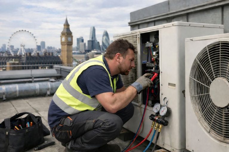 an illustrative image of an HVAC technician inspecting an external air conditioning unit on a commercial building