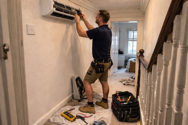an illustrative image of an air conditioning engineer working in a narrow Victorian townhouse hallway