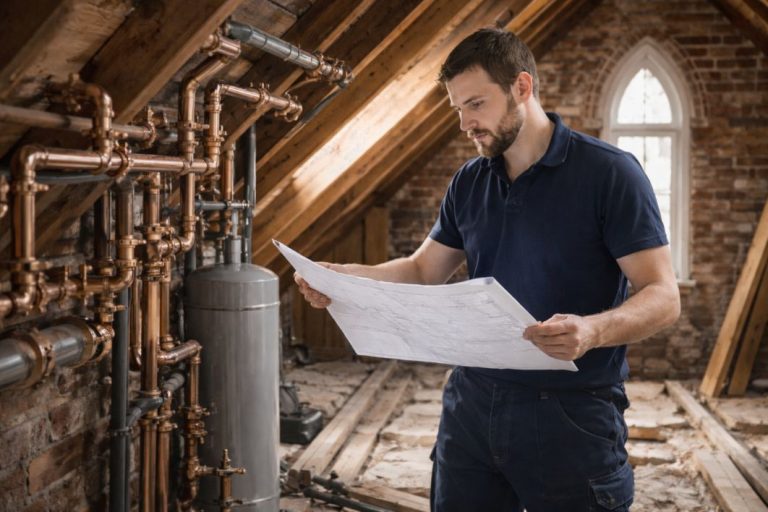 an illustrative image of an installer reviewing blueprints inside the loft of a Victorian property