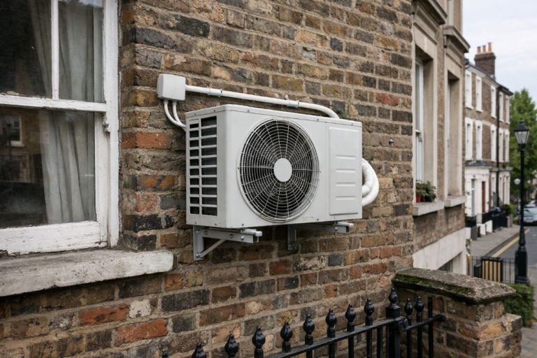 an illustrative image of an outdoor AC unit placed on a listed building’s brick wall in a London neighbourhood