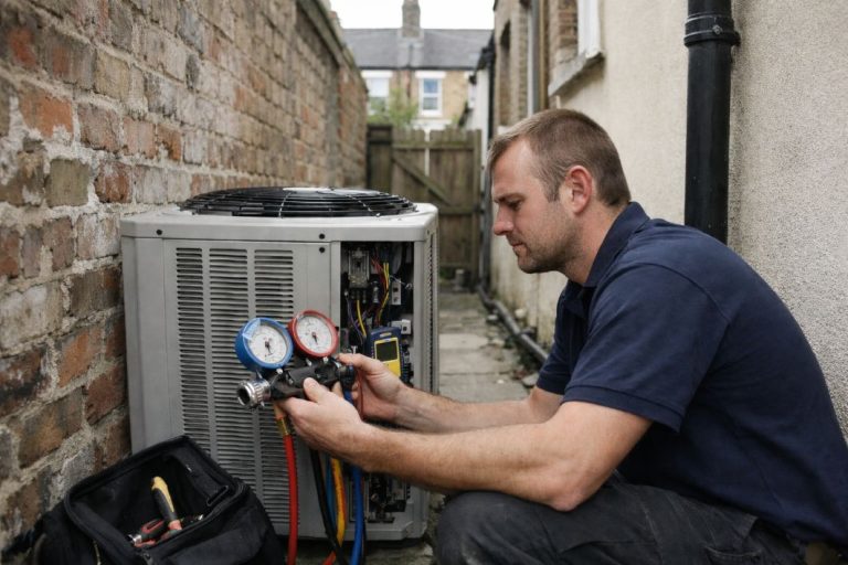 an illustrative image of of a technician inspecting an outdoor condenser unit in the narrow side alley of a London terraced house