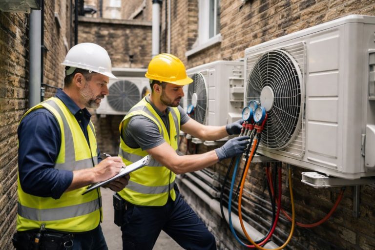 an illustrative image of two engineers checking refrigerant levels on outdoor condenser units mounted in a tight London courtyard