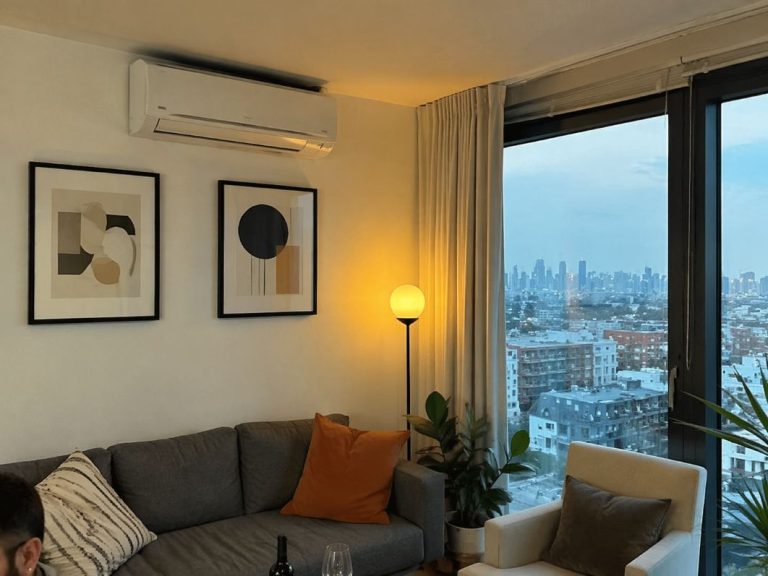 an illustrative image of a London flat interior with a modern living room, showing a visible wall-mounted air conditioning unit