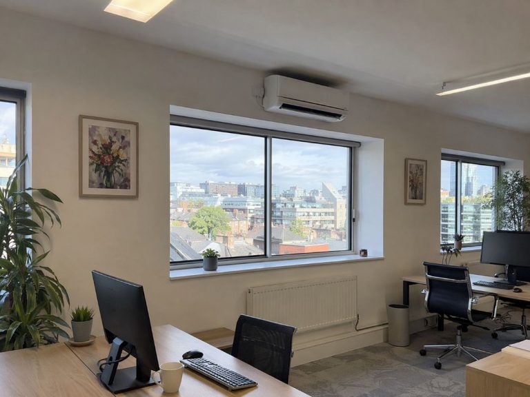an illustrative image of f a clean, modern office interior in central London showing a wall-mounted air conditioning unit above a window