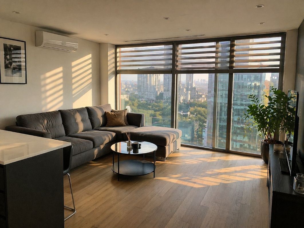 an illustrative image of modern new-build flat interior in London with large glazed windows, sunlight streaming in with wall mounted air conditioning unit